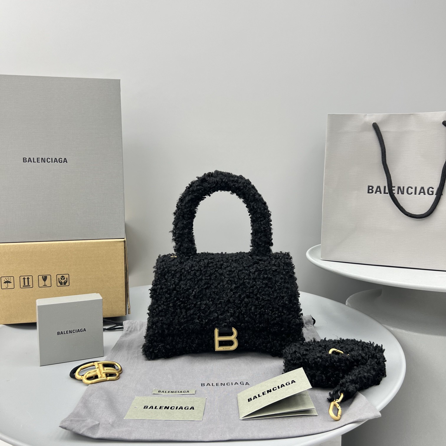 Ba1en*iaga Furry Hourglass Small Handbag Black/Grey/Pink For Women‎ 9.4in/23.8cm 676365210FU1000