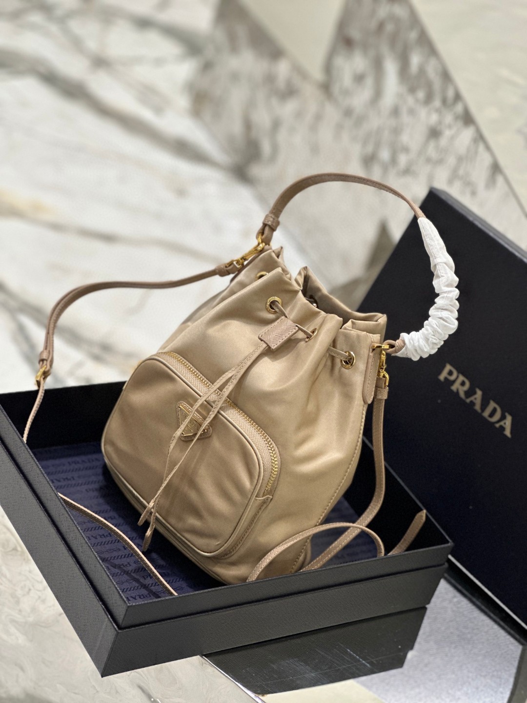 Pra*a Duet Bucket Shoulder Bag Light Pink/Beige For Women 8.6 in / 22.5 cm 1BH038_RV44_F0E18_V_OOO