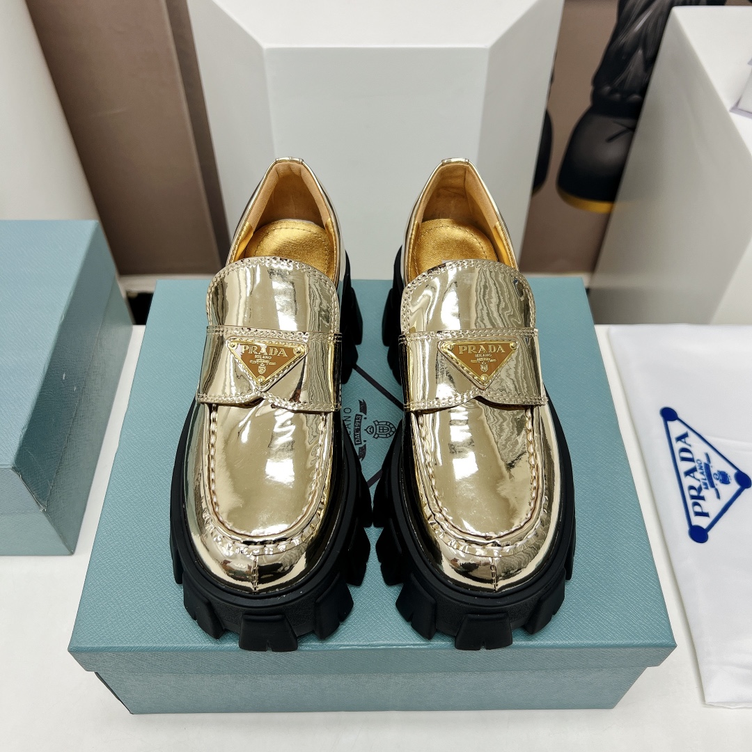 Pra*a Monolith Ombré Brushed Loafers Gold Tone For Women 2.1 in/ 5.5cm