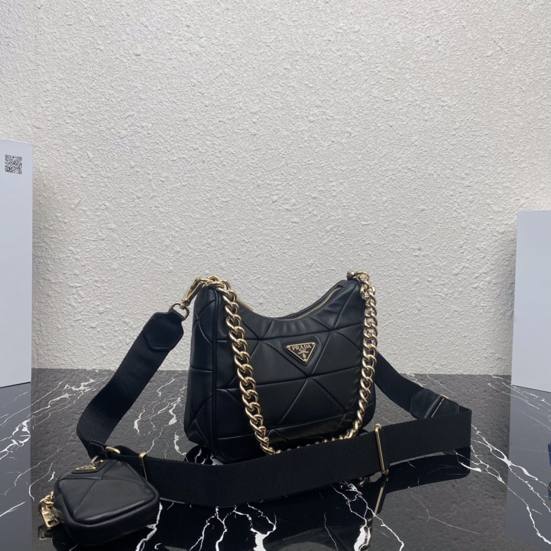 Pra*a Padded Hobo Bag Black/White For Women 9.5 in / 24 cm 1BC151_RDJN_F0002_V_B9O