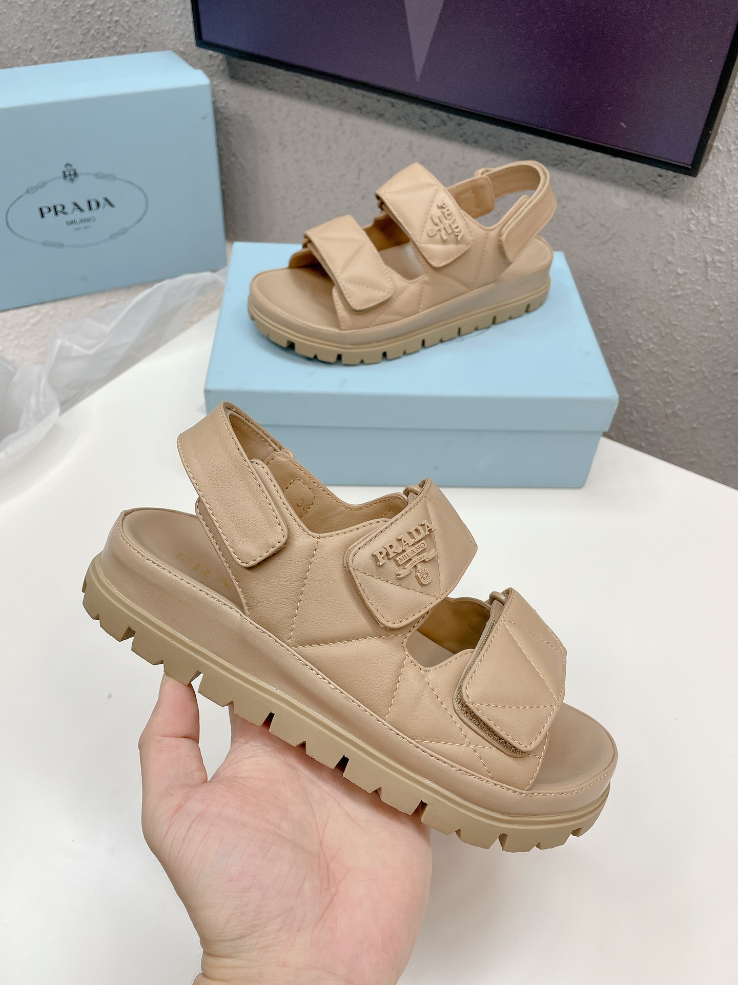 Pra*a Padded Nappa Sandals Beige For Women 0.8 in/ 2cm 1X721M_038_F0F24_F_020