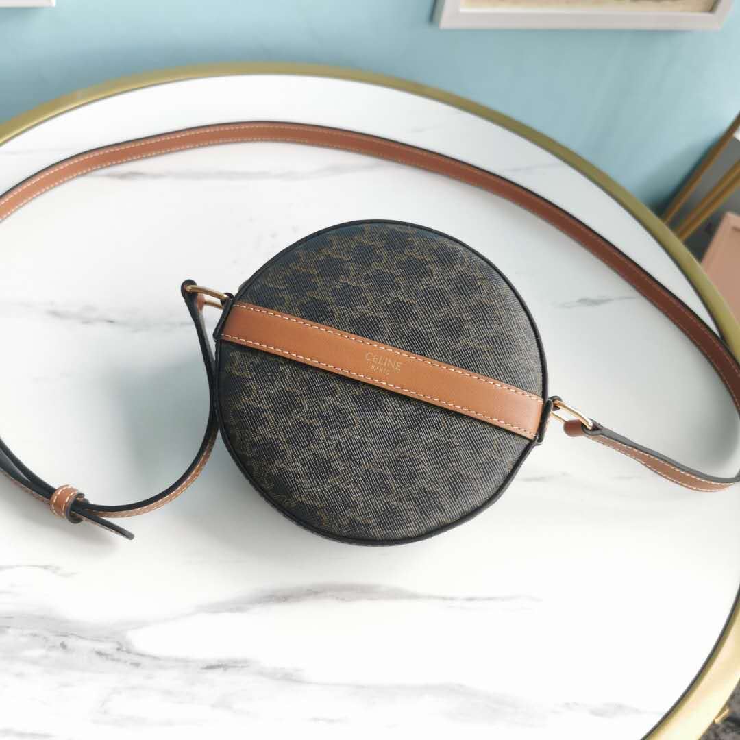 Ce1i*e Round Purse On Strap In Triomphe Canvas White/Brown For Women‎ 5in/13.5cm