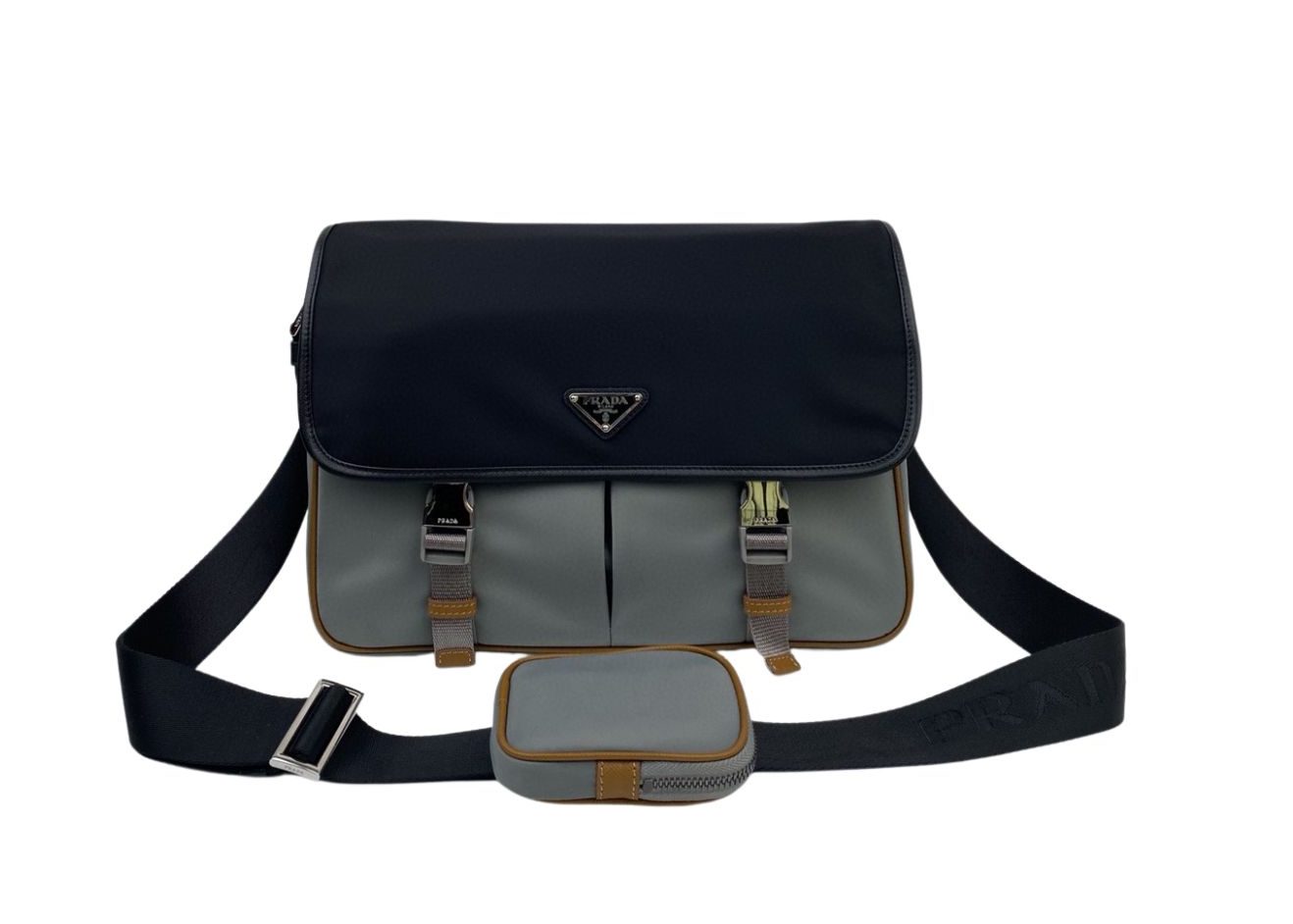 Pra*a Saffiano Shoulder Bag Grey and Black For Women 12.6 in / 32 cm