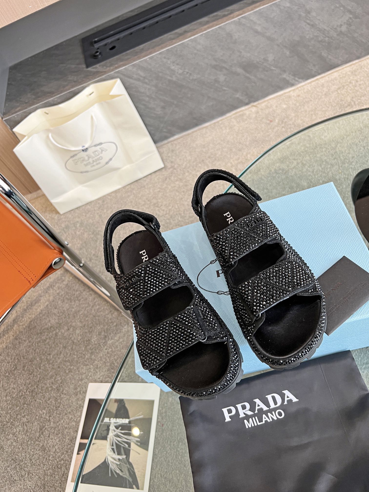 Pra*a Satin Sandals With Crystals Black For Women 0.8 in/ 2cm 1X013N_2AWL_F0002_F_020