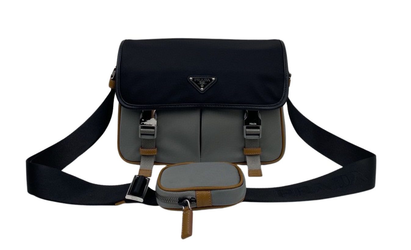 Pra*a Small Saffiano Shoulder Bag Grey and Black For Women 10.2 in / 26 cm