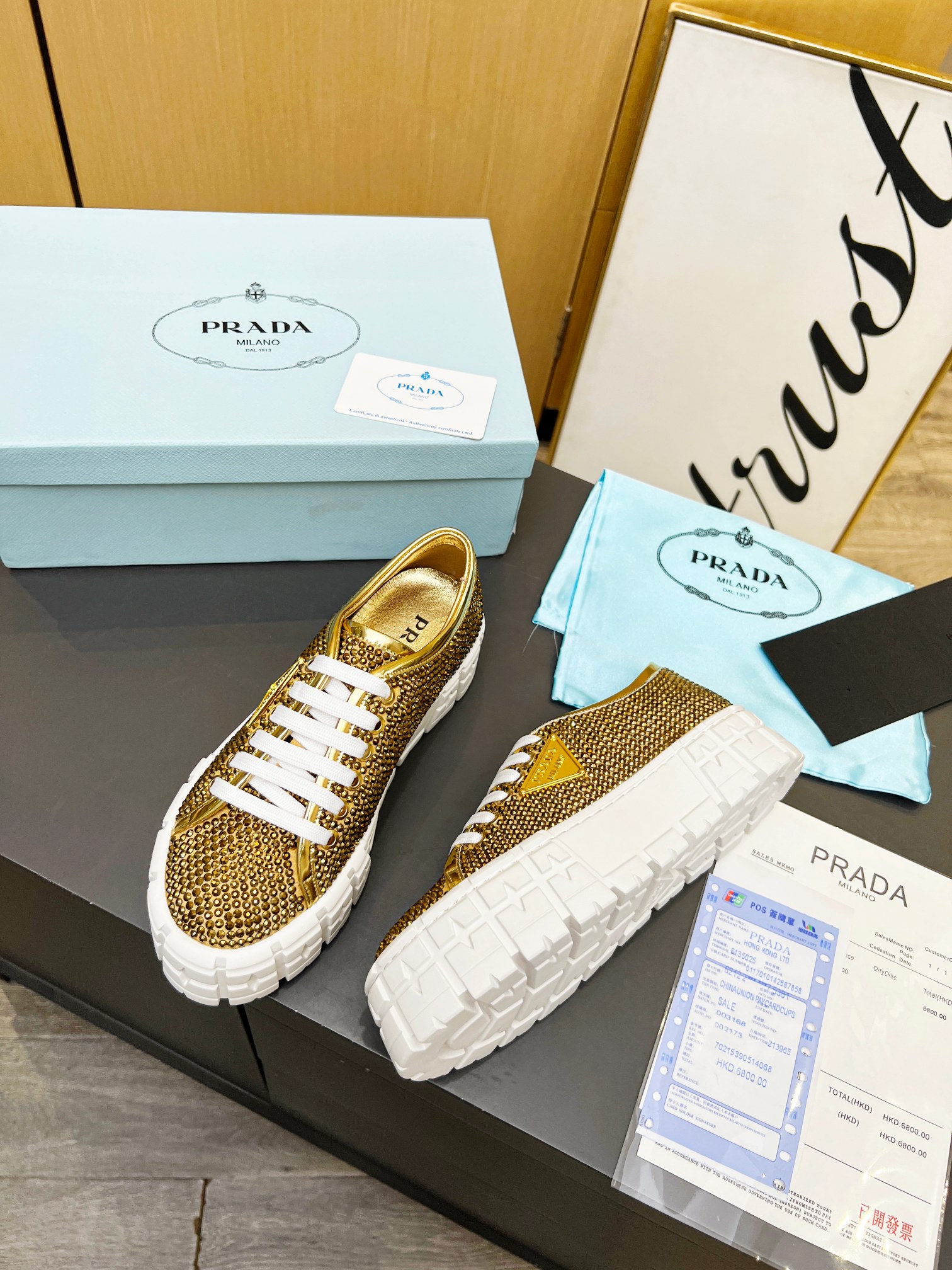 Pra*a Sneakers With Crystals Gold Tone For Women 1.9 in/ 5 cm 1E019N_2AWL_F0522_F_050