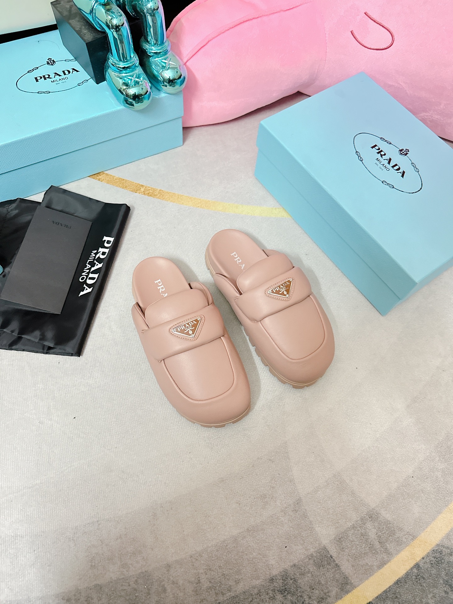Pra*a Soft Padded Nappa Sabots Light Pink For Women 0.8 in/ 2cm