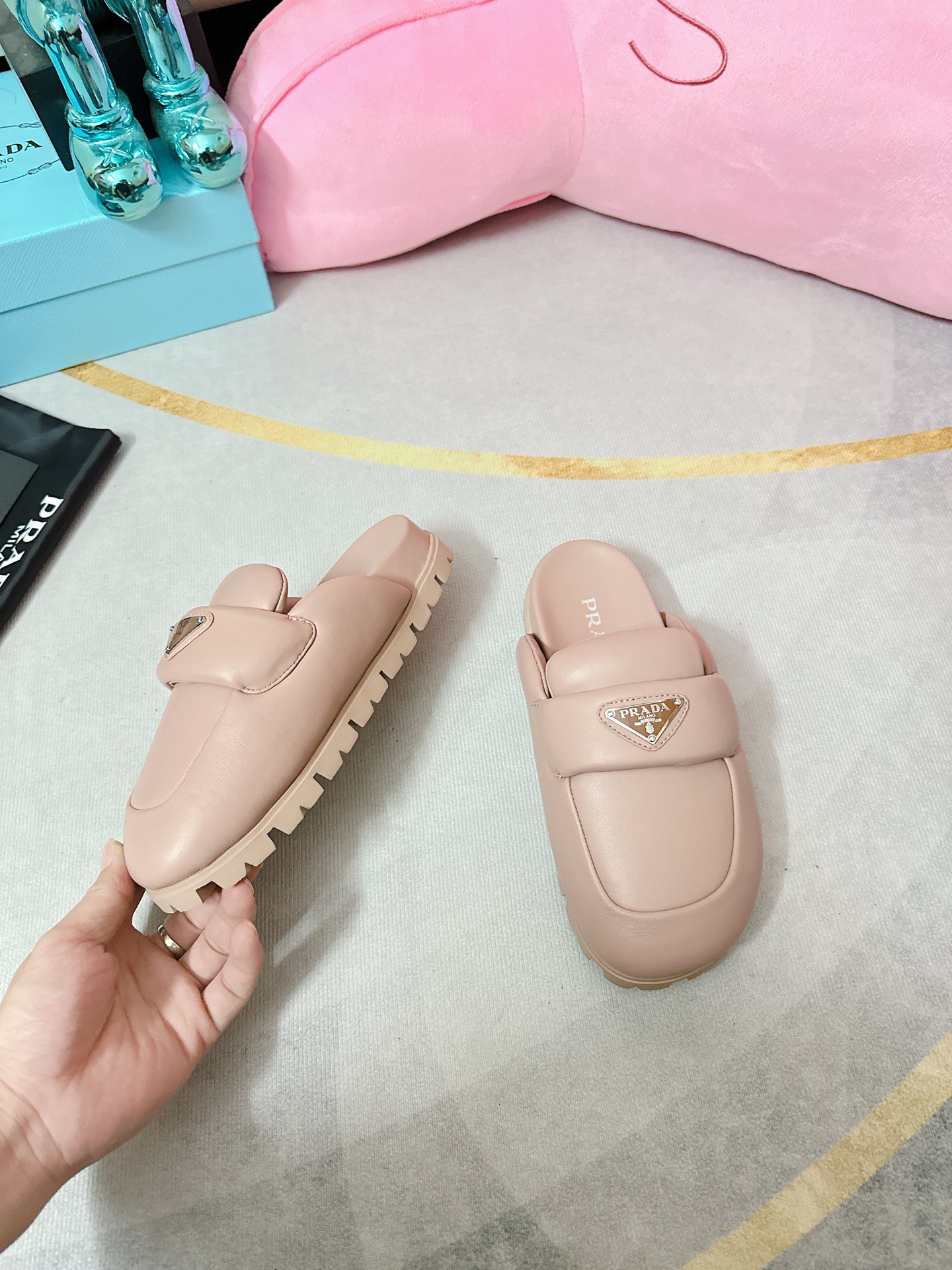 Pra*a Soft Padded Nappa Sabots Light Pink For Women 0.8 in/ 2cm