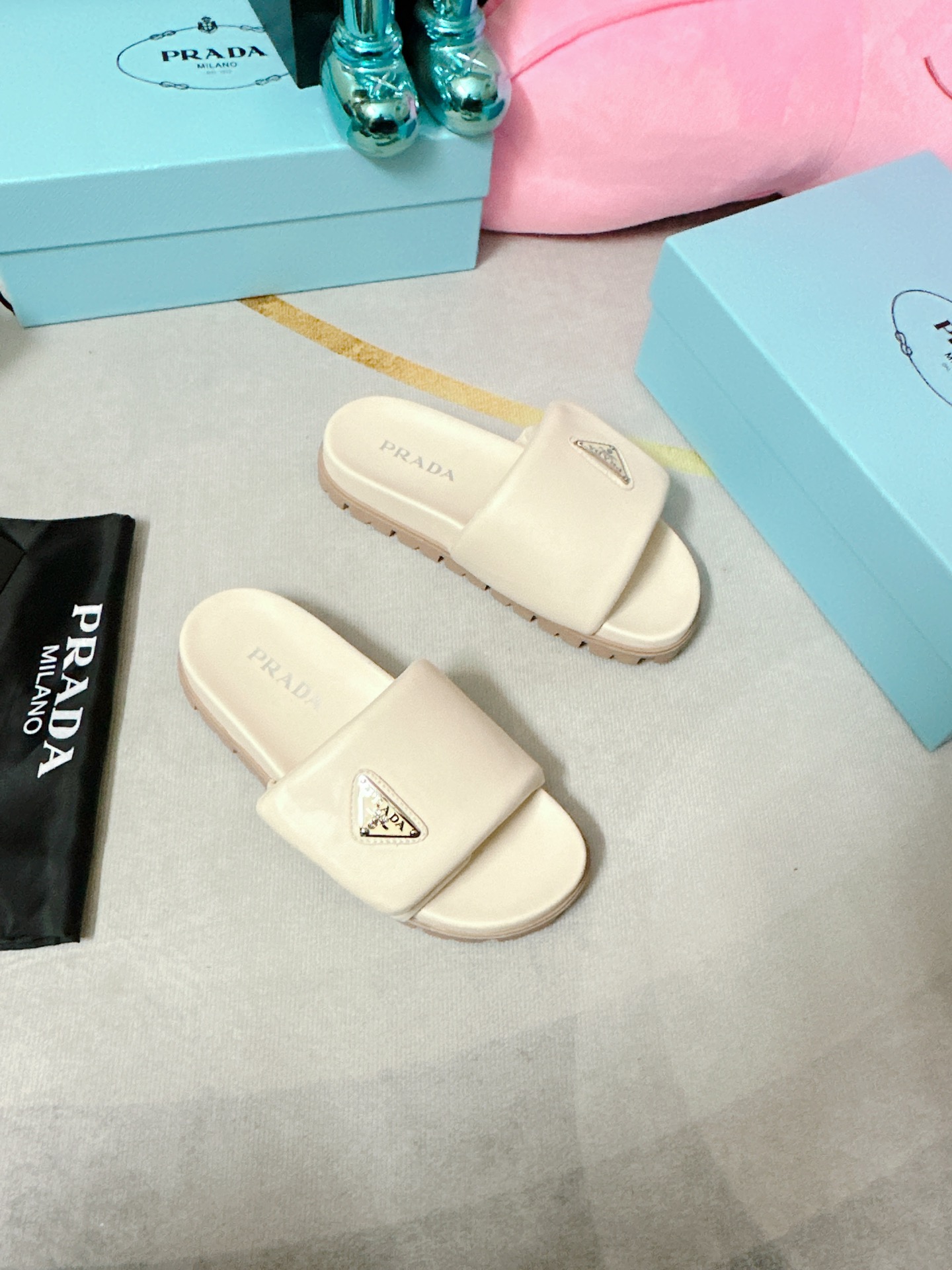 Pra*a Soft Padded Nappa Slides Light Beige For Women 0.8 in/ 2cm