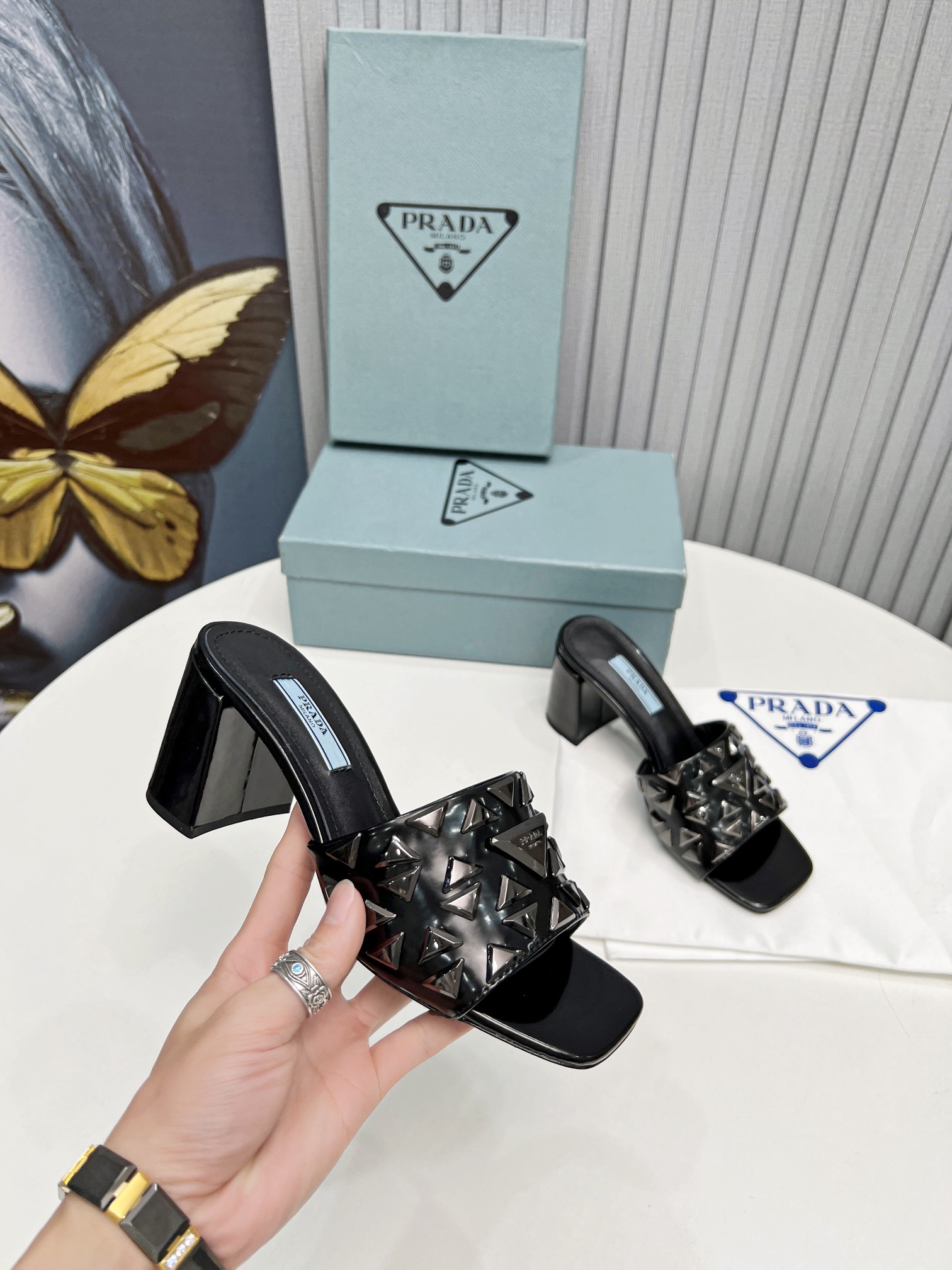 Pra*a Studded Metallic Mules Black For Women 2.6 in/ 6.5cm