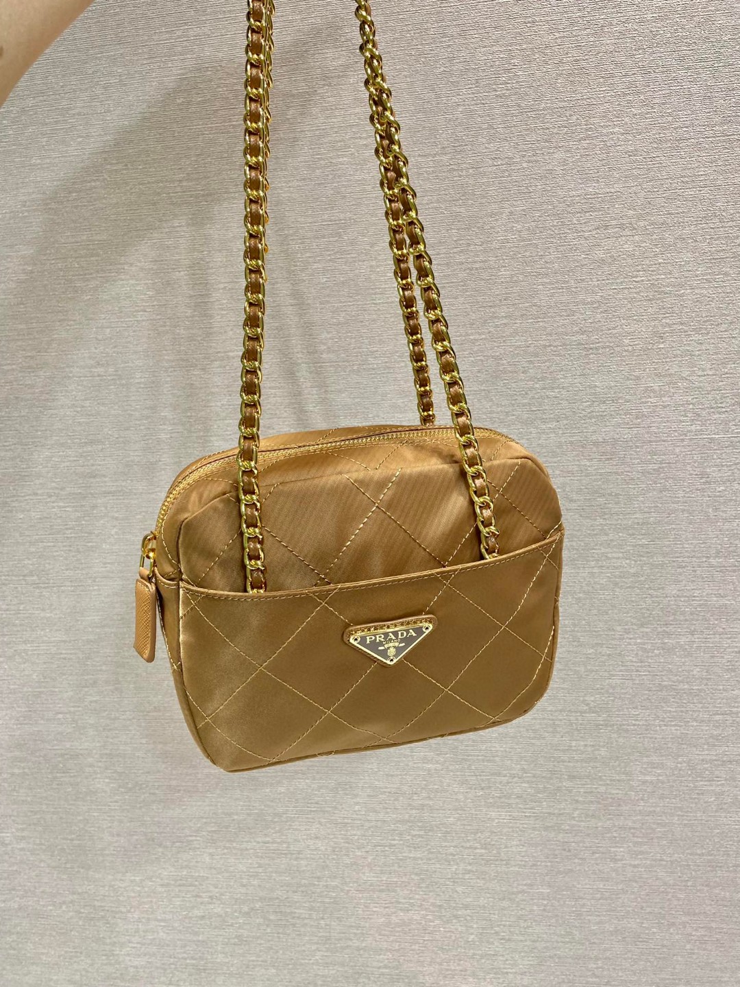 Pra*a Vintage Chain Rhombus Bag Brown/ Green Khaki For Women 7.5 in / 19 cm