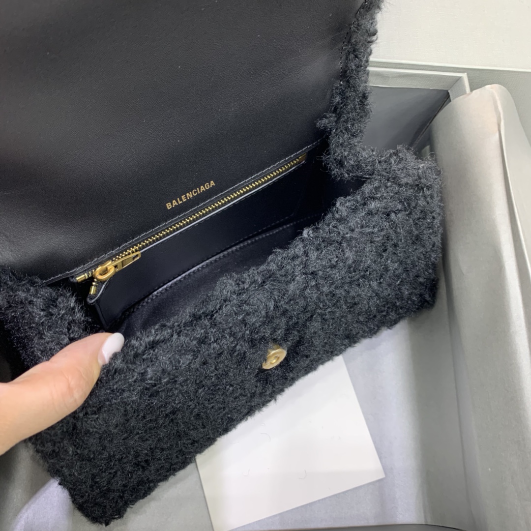 Ba1en*iaga Furry Hourglass Small Handbag With Strap In Black For Women 9.4in/24cm 676365210FU1000