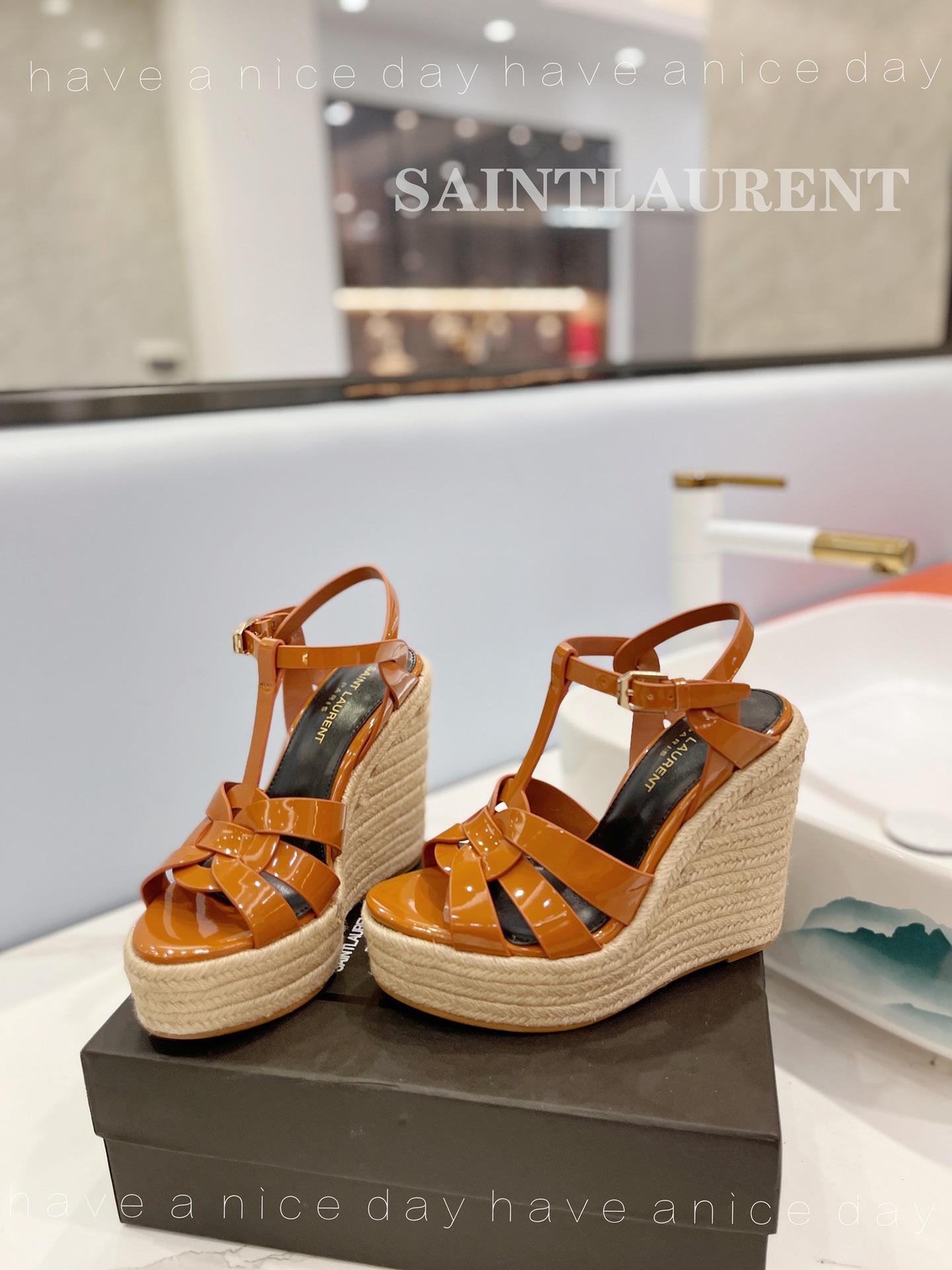 Sa1nt Lau*nt Tribute Espadrilles In Patent Brown For Women