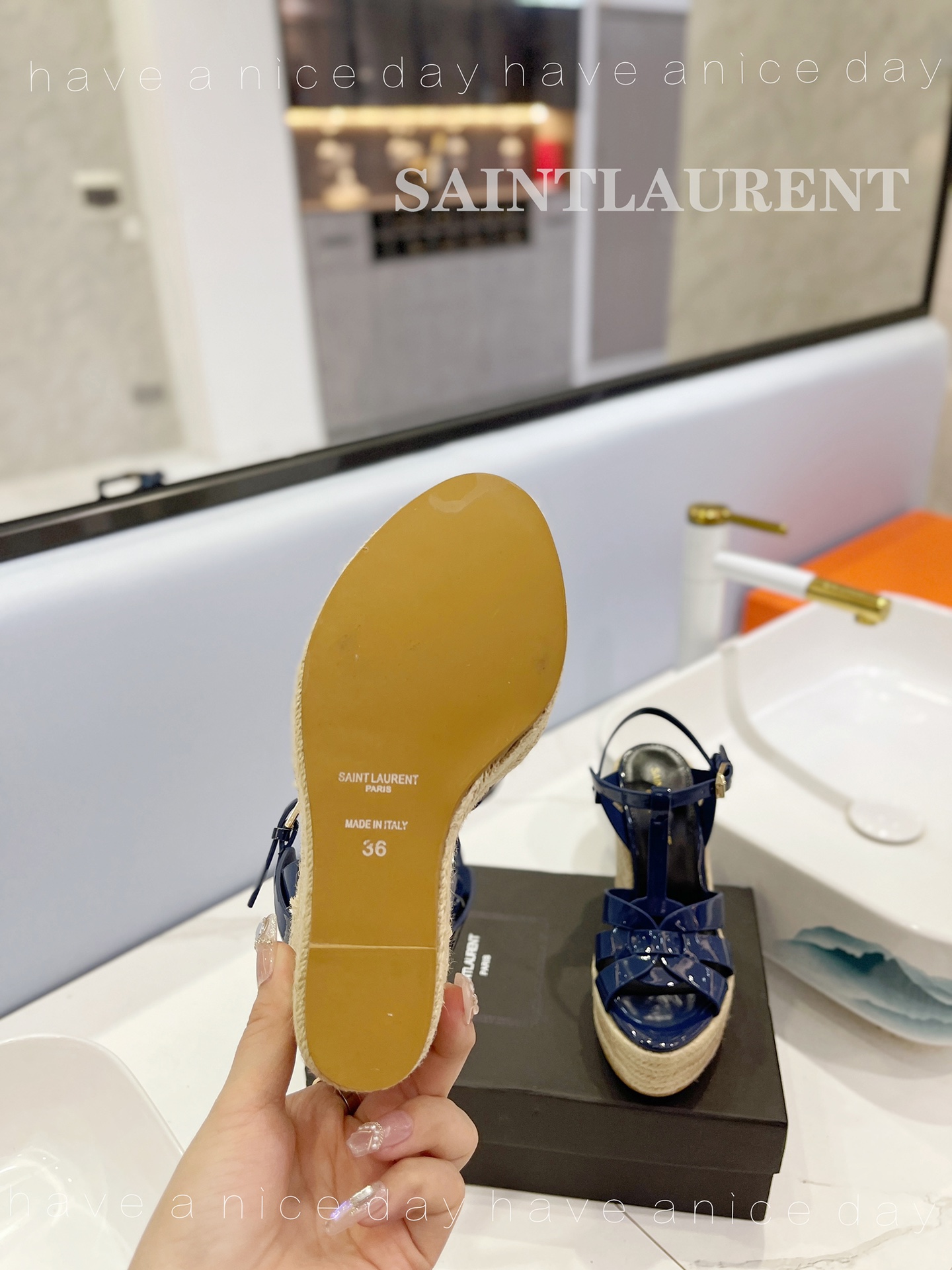 Sa1nt Lau*nt Tribute Espadrilles In Patent Navy Blue For Women