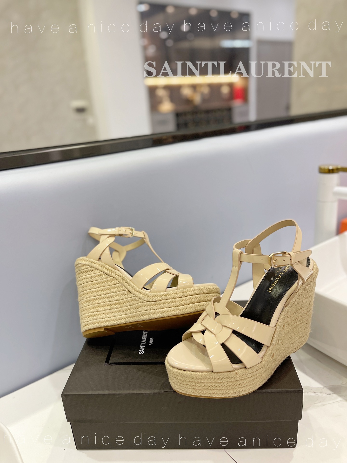 Sa1nt Lau*nt Tribute Espadrilles In Patent Beige For Women