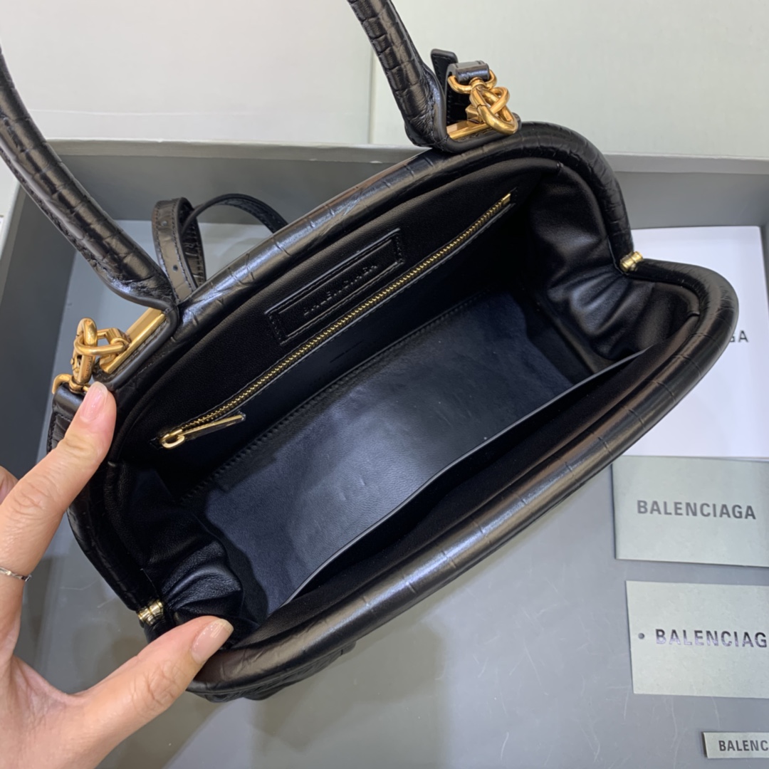 Ba1en*iaga Editor Small Top Handle Bag Embossed Black/Pink For Women 10.6 in/27 cm