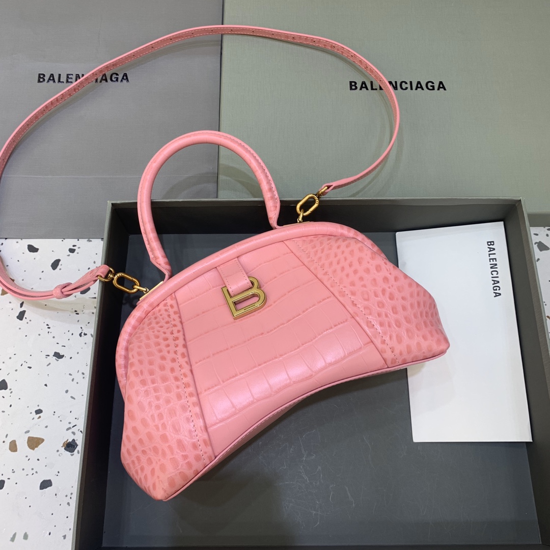 Ba1en*iaga Editor Small Top Handle Bag Embossed Black/Pink For Women 10.6 in/27 cm