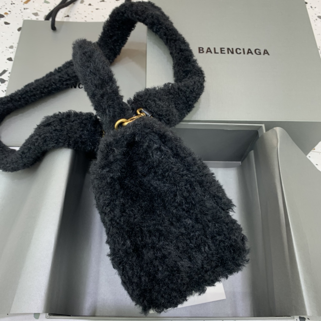 Ba1en*iaga Furry Hourglass Small Handbag With Strap In Black For Women 9.4in/24cm 676365210FU1000