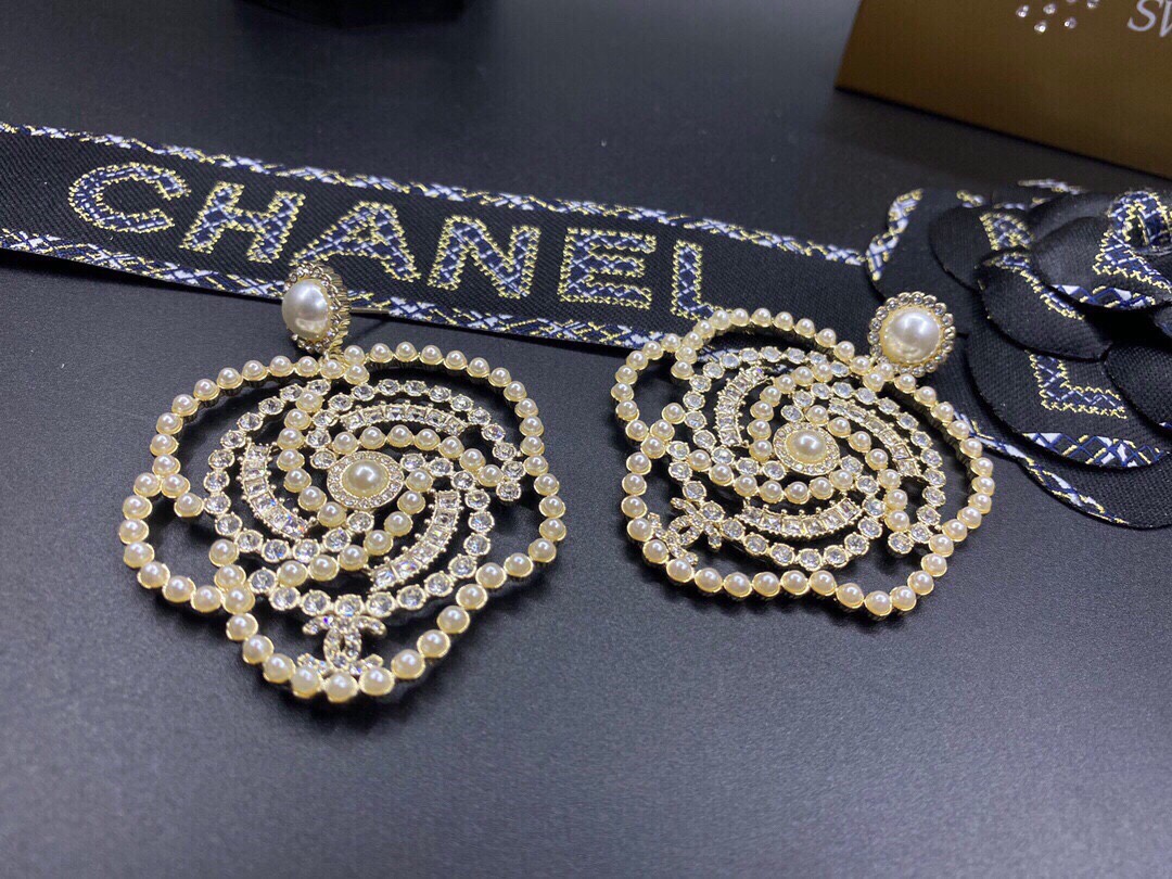 Ch**el Big Camellia Pearl Earrings Gold Tone For Women