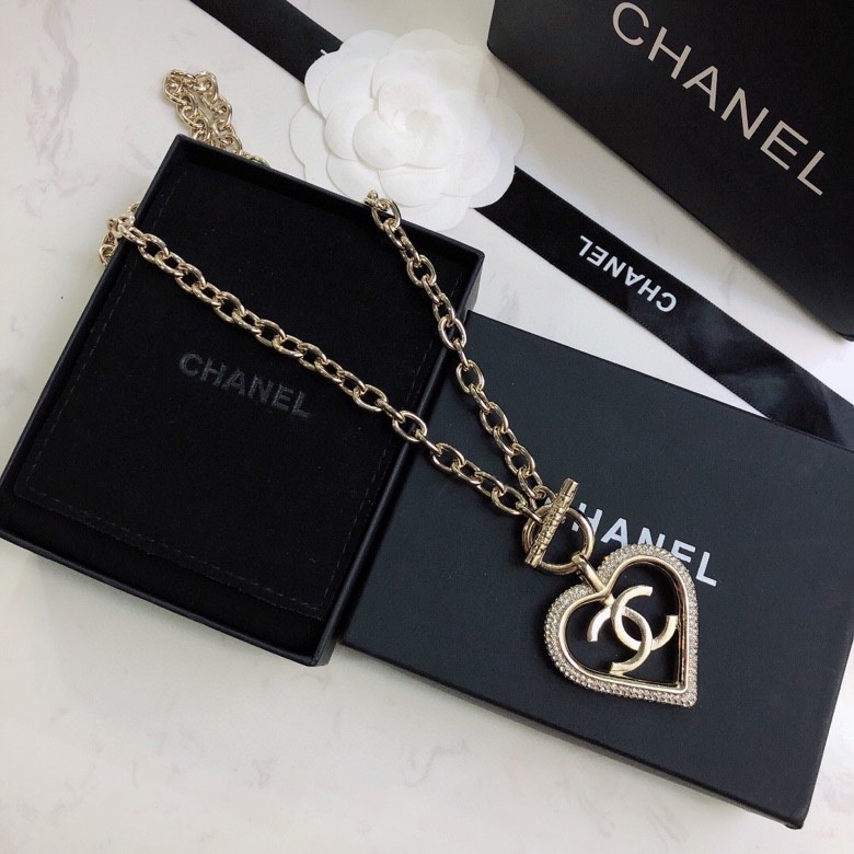 Ch**el Big Heart Frame Necklace Gold Tone For Women