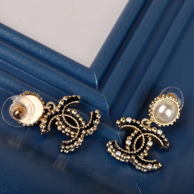 Ch**el Black Douple C Earrings Gold Tone For Women