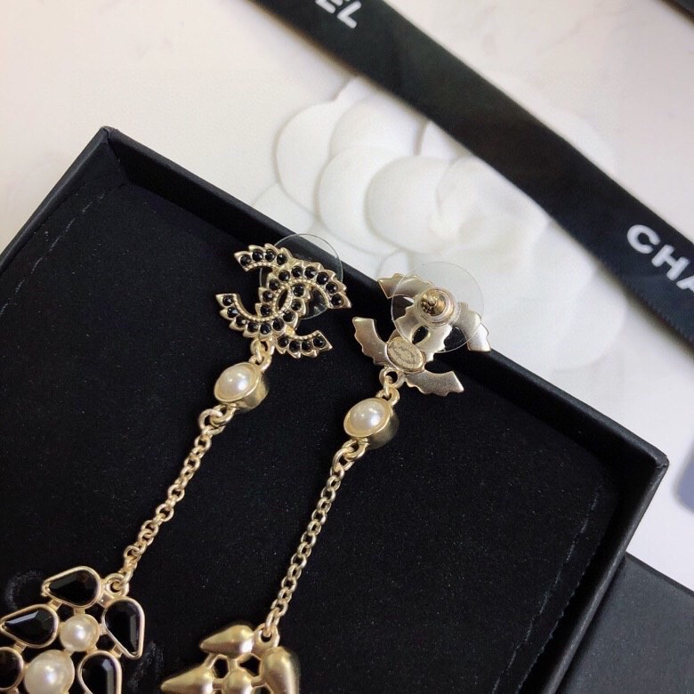 Ch**el Black Petals Earrings Gold Tone For Women