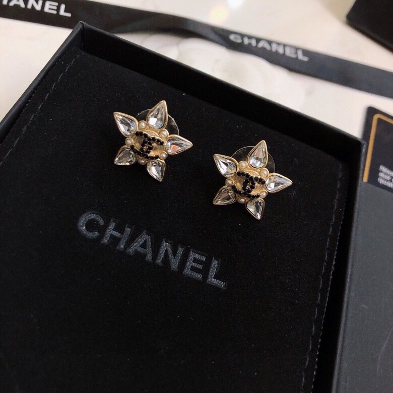 Ch**el Crystal Five Petals Flower Earrings Gold Tone For Women