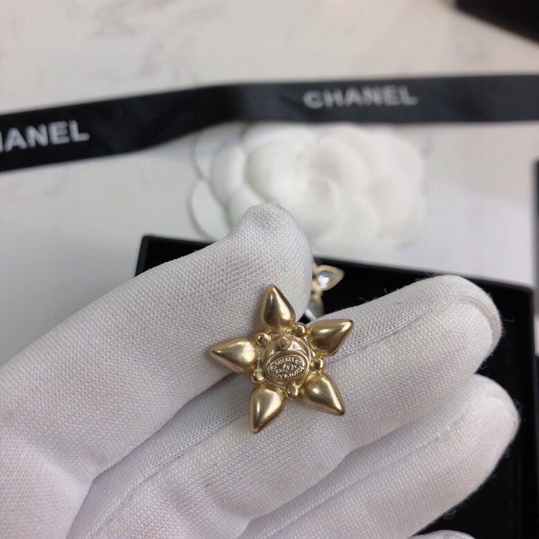 Ch**el Crystal Five Petals Flower Earrings Gold Tone For Women