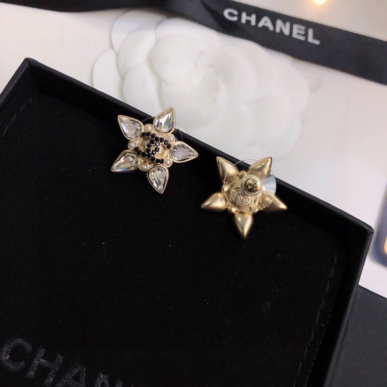 Ch**el Crystal Five Petals Flower Earrings Gold Tone For Women