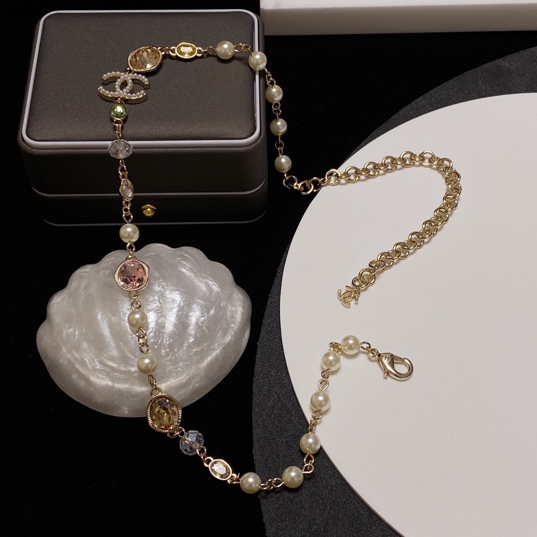 Ch**el Crystal Necklace Gold For Women