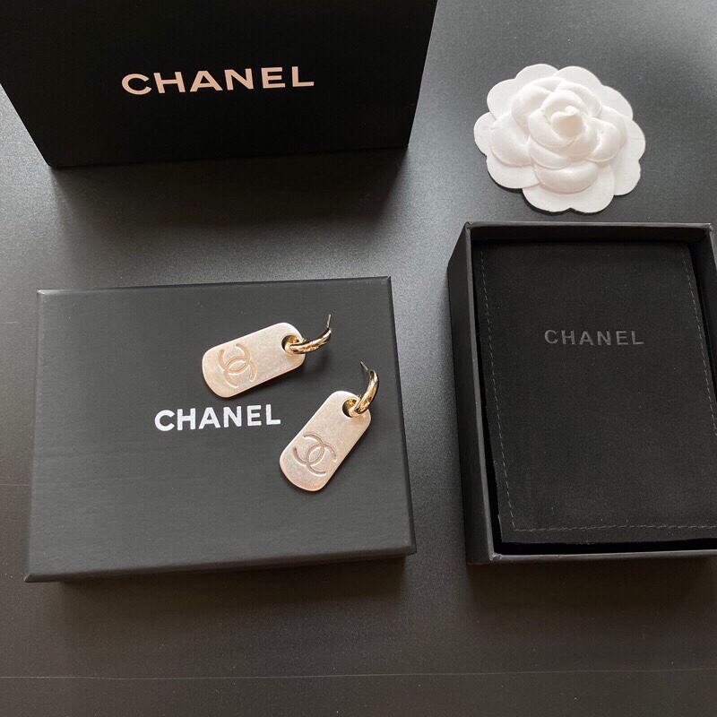 Ch**el Dangling Big Tag Earrings Gold Tone For Women