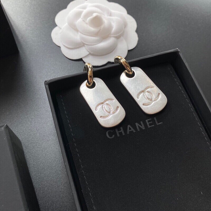Ch**el Dangling Big Tag Earrings Gold Tone For Women
