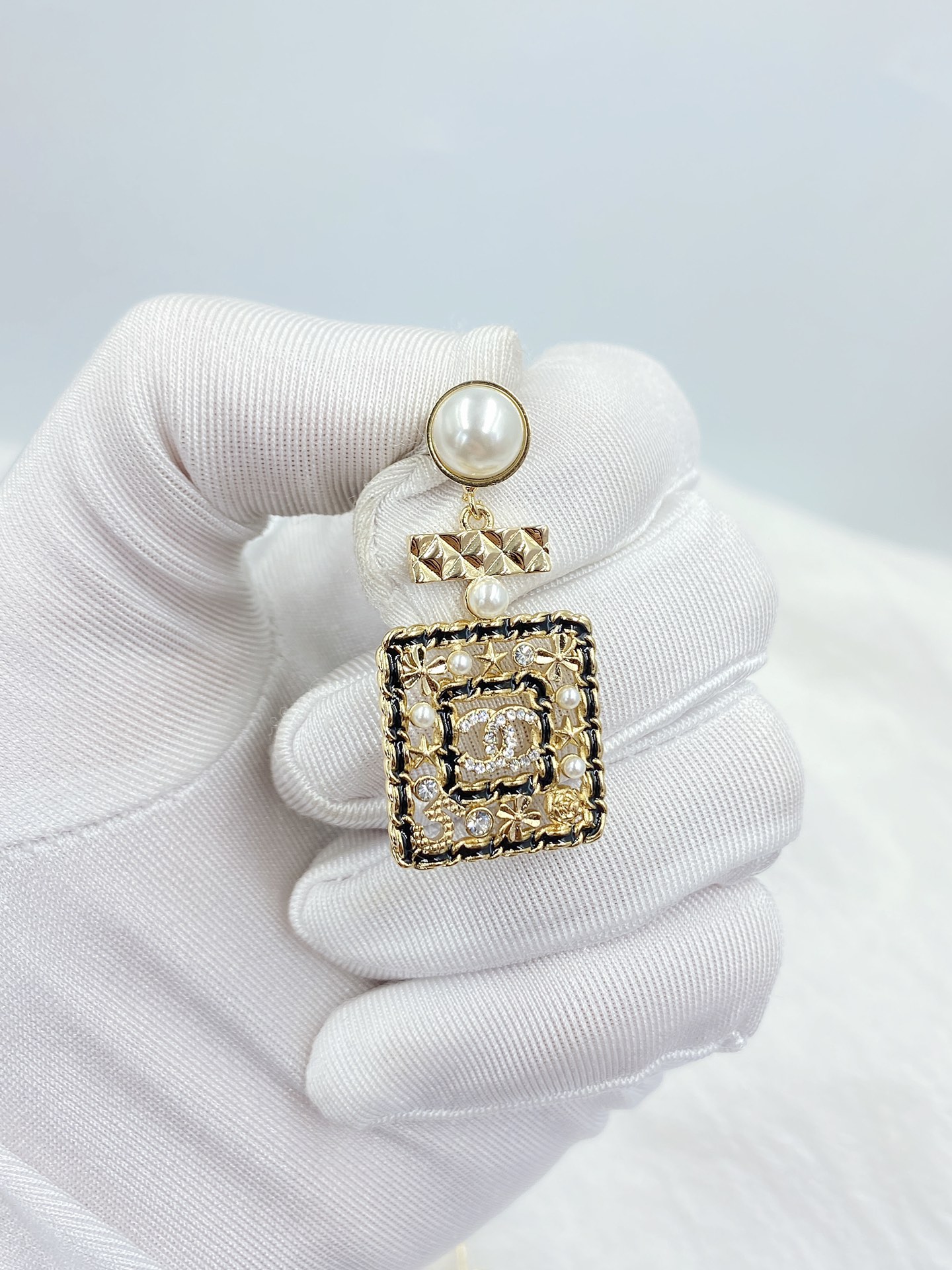 Ch**el Douple Black Border Square Frame Earrings Gold Tone For Women