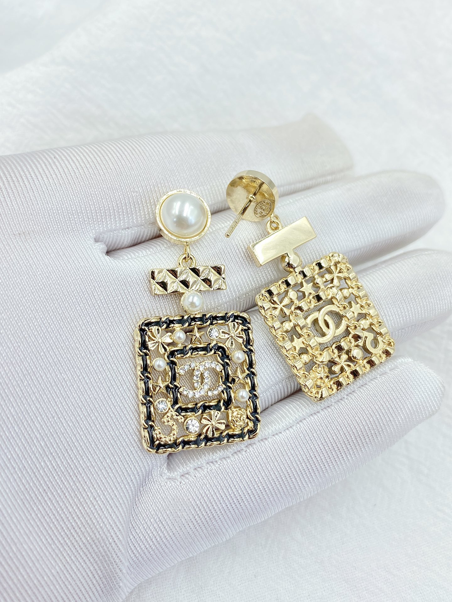 Ch**el Douple Black Border Square Frame Earrings Gold Tone For Women