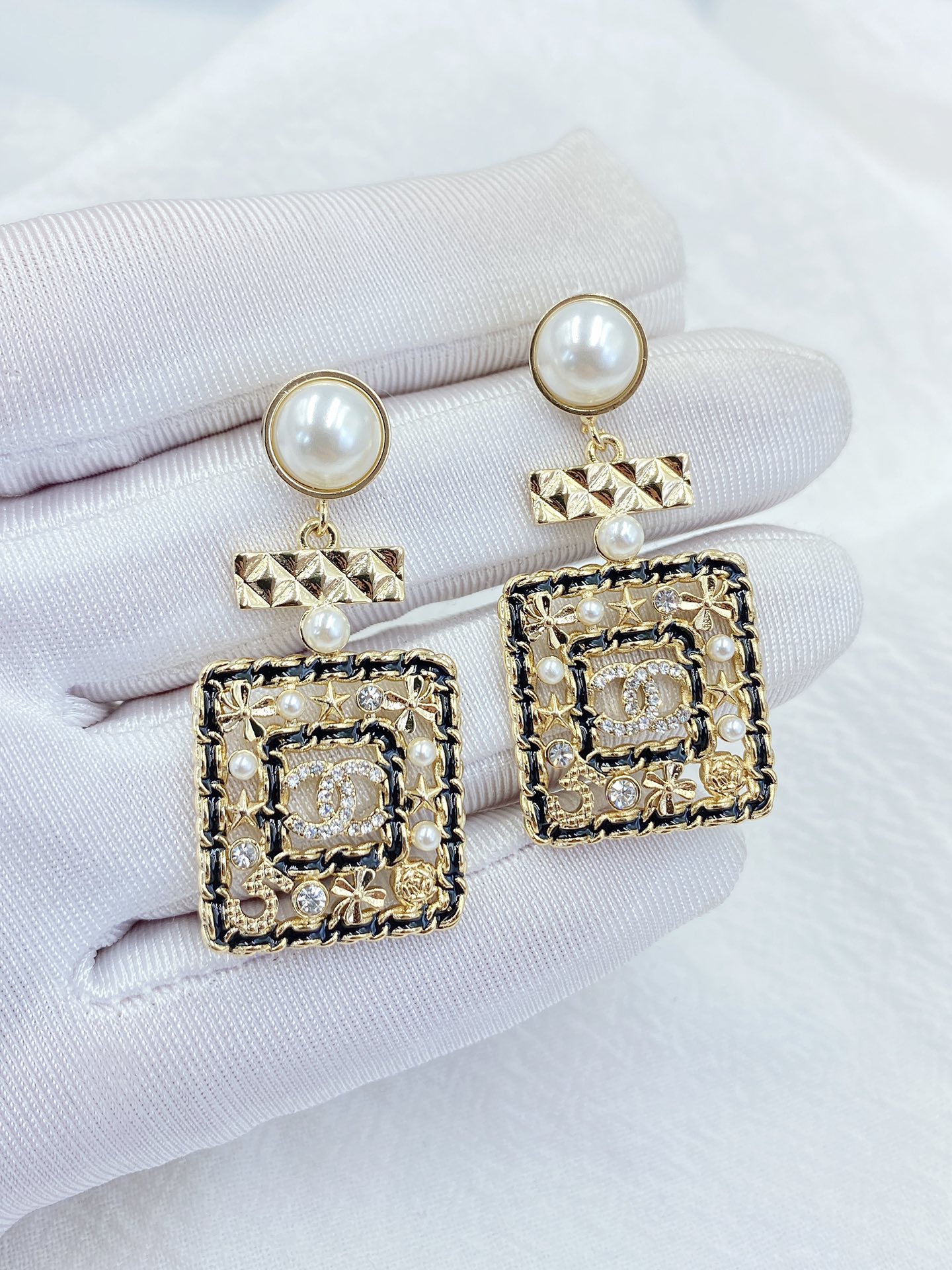 Ch**el Douple Black Border Square Frame Earrings Gold Tone For Women