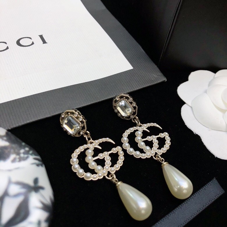 Gvc*1 Douple G Pearl Frame Earrings Gold Tone For Women