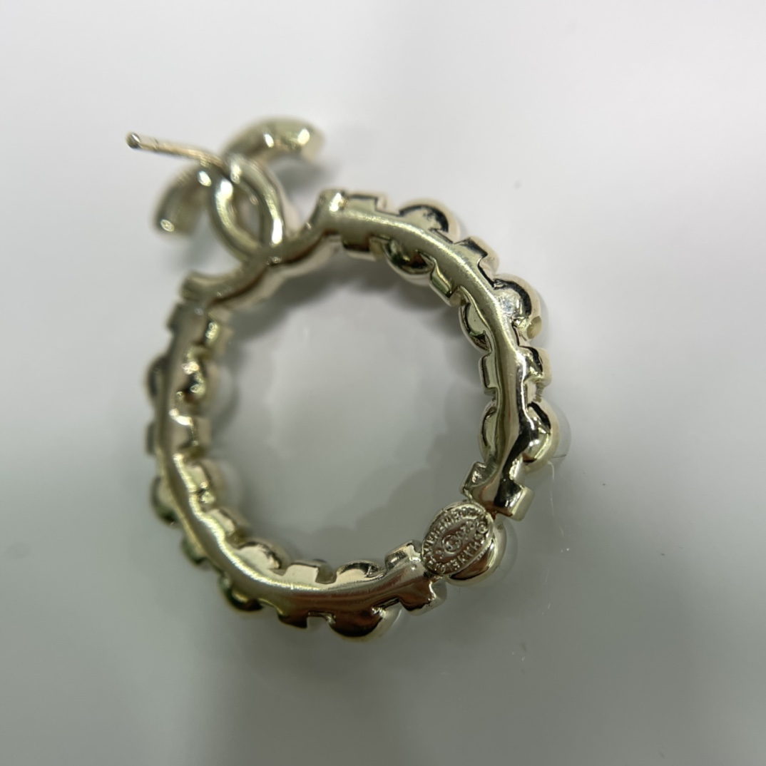 Ch**el Mini Pearl Border Circle Frame Earrings Gold Tone For Women