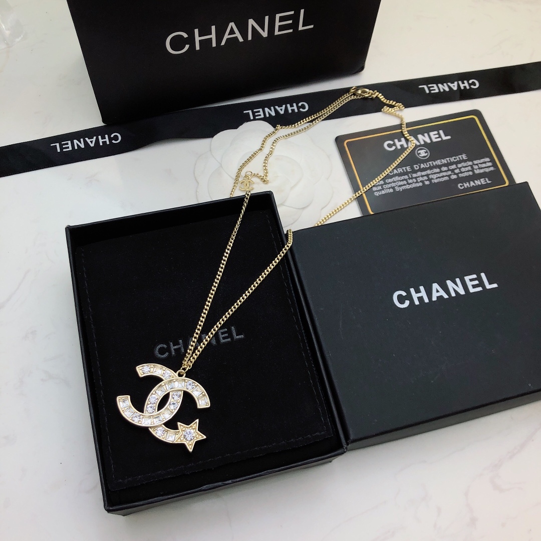 Ch**el Mini Star With Douple C Necklace Gold Tone For Women