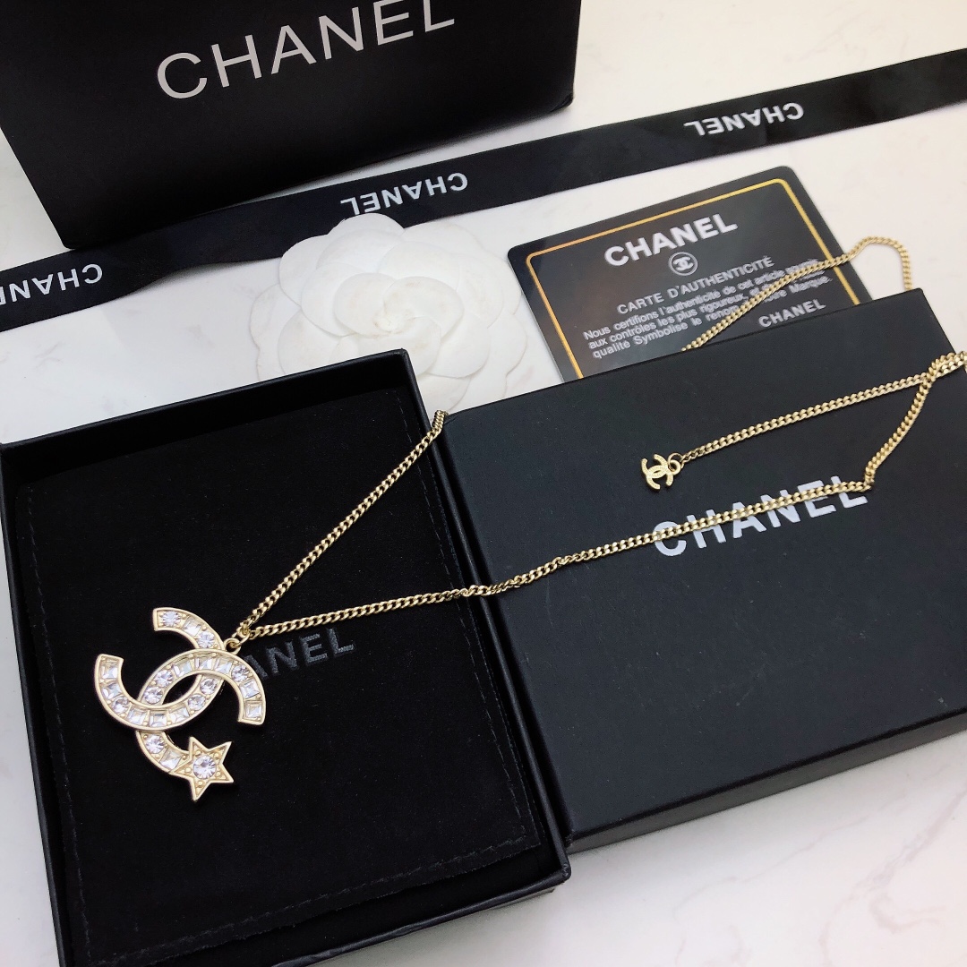 Ch**el Mini Star With Douple C Necklace Gold Tone For Women
