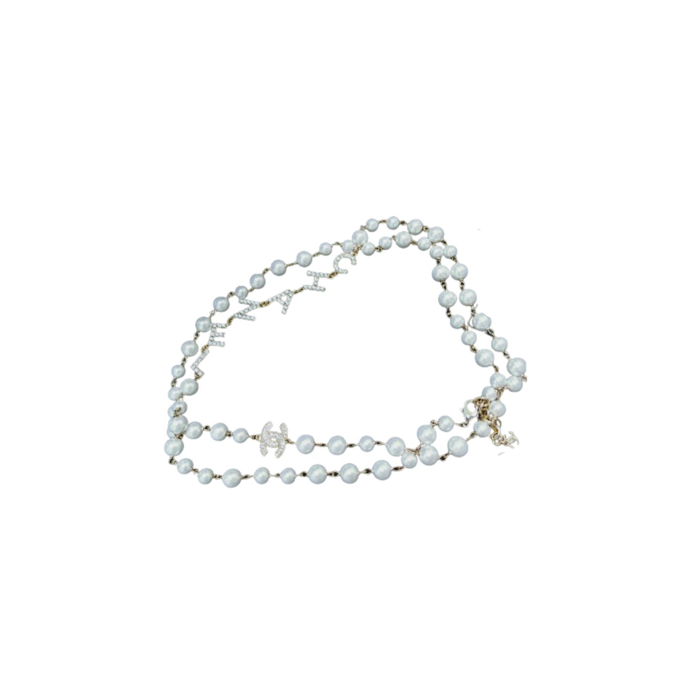 Ch**el Multi Layered Letters Links Pearl Necklace White For Women
