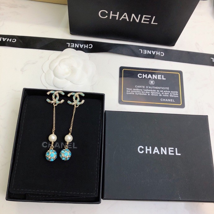 Ch**el Pearl Long Earrings Jade Green For Women