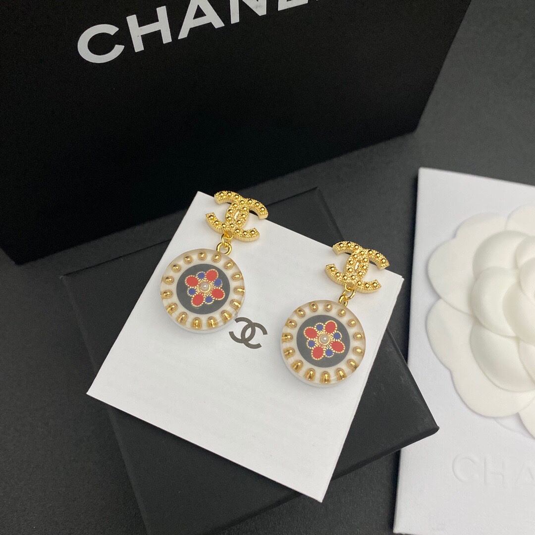 Ch**el Red And Blue Pattern In Middle Circle Earrings Gold Tone For Women