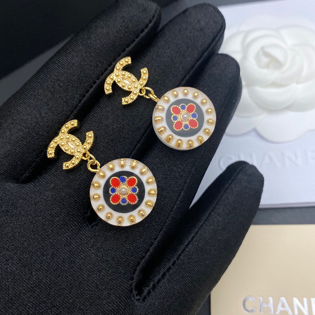 Ch**el Red And Blue Pattern In Middle Circle Earrings Gold Tone For Women