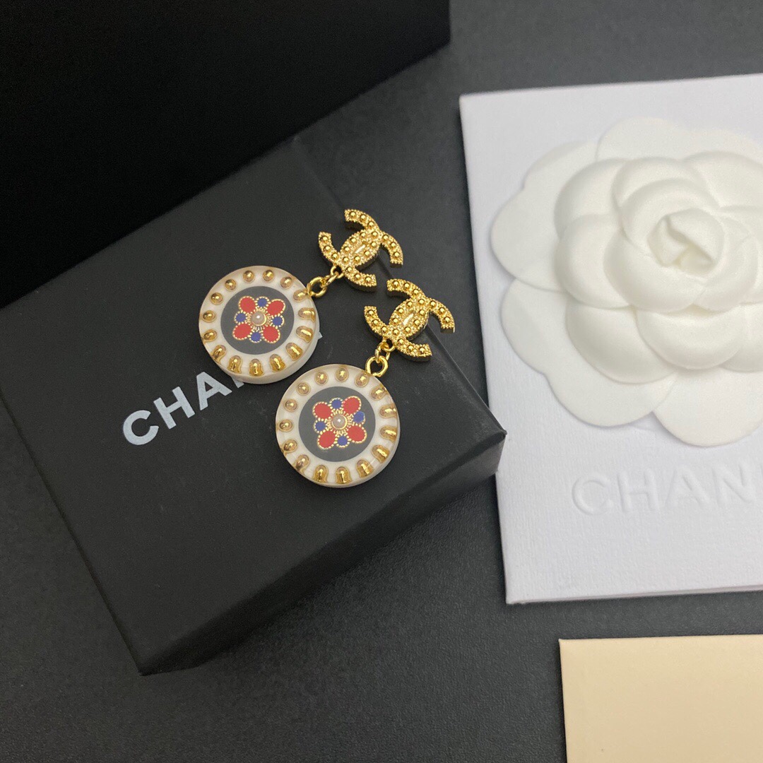 Ch**el Red And Blue Pattern In Middle Circle Earrings Gold Tone For Women