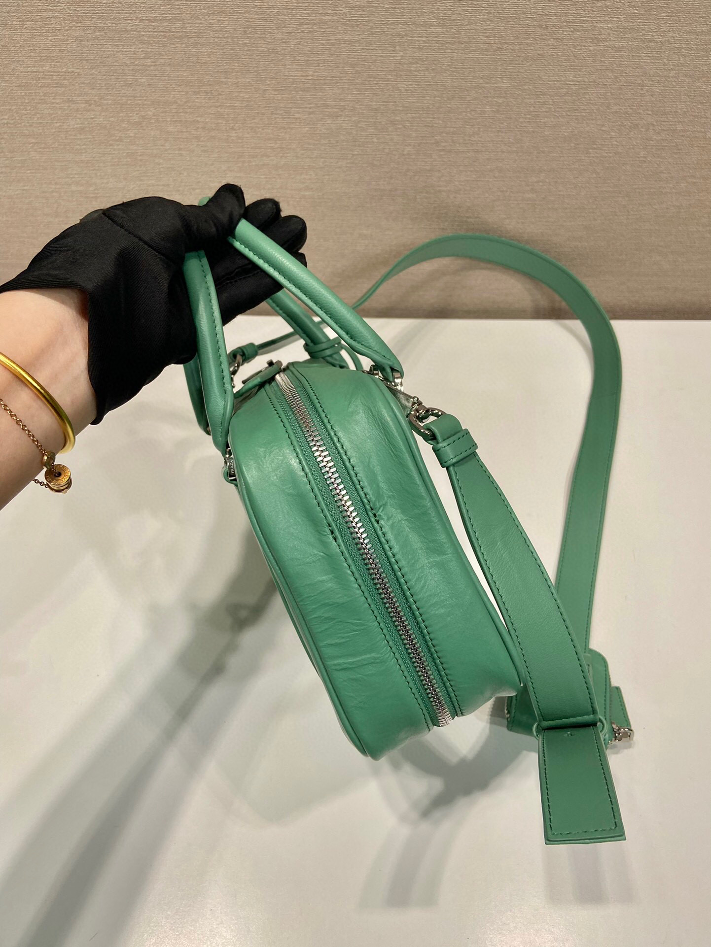 Pra*a Medium Antique Nappa Top Handle Bag In Green/Pink For Women 9.5 in/ 24cm 1BB092_UVL_F0092_V_T2O