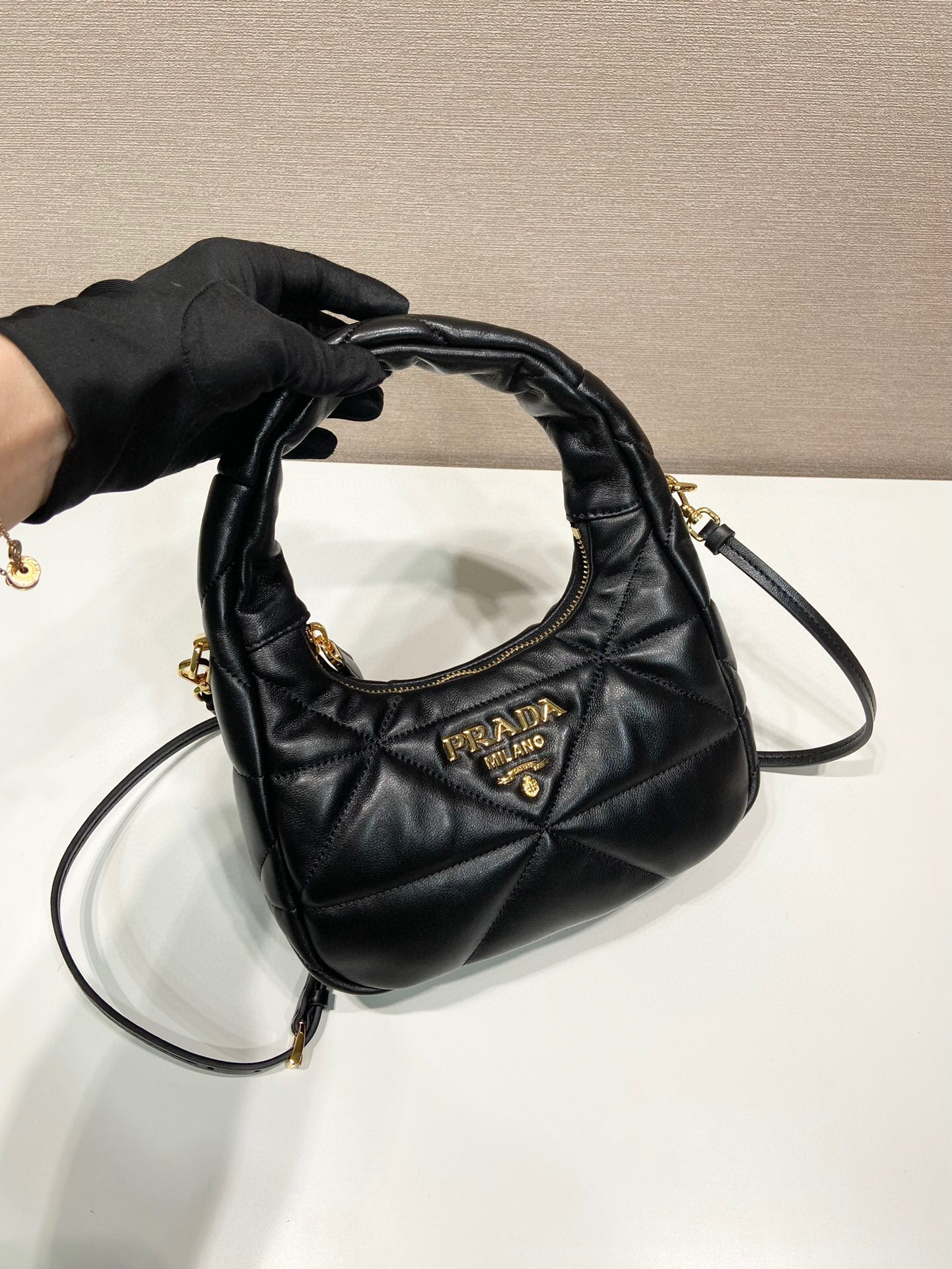Pra*a Quilted Nappa Shoulder Bag In Black For Women 8.3in/ 21cm