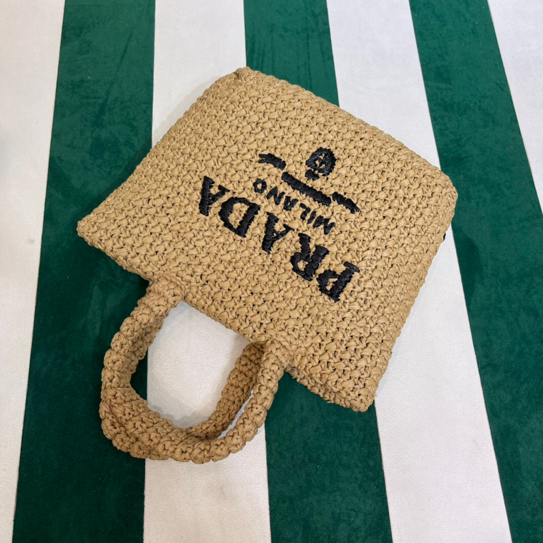 [True-to-ORIGINAL] Pra*a Small Raffia Tote Bag In Beige For Women 9.4 in/24cm 1BG422_2A2T_F0018_V_OOL