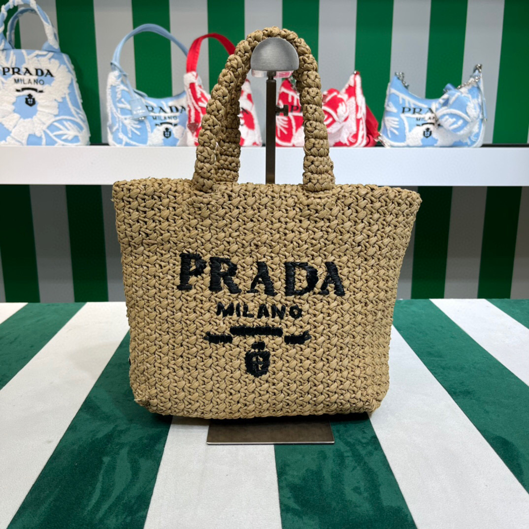[True-to-ORIGINAL] Pra*a Small Raffia Tote Bag In Beige For Women 9.4 in/24cm 1BG422_2A2T_F0018_V_OOL