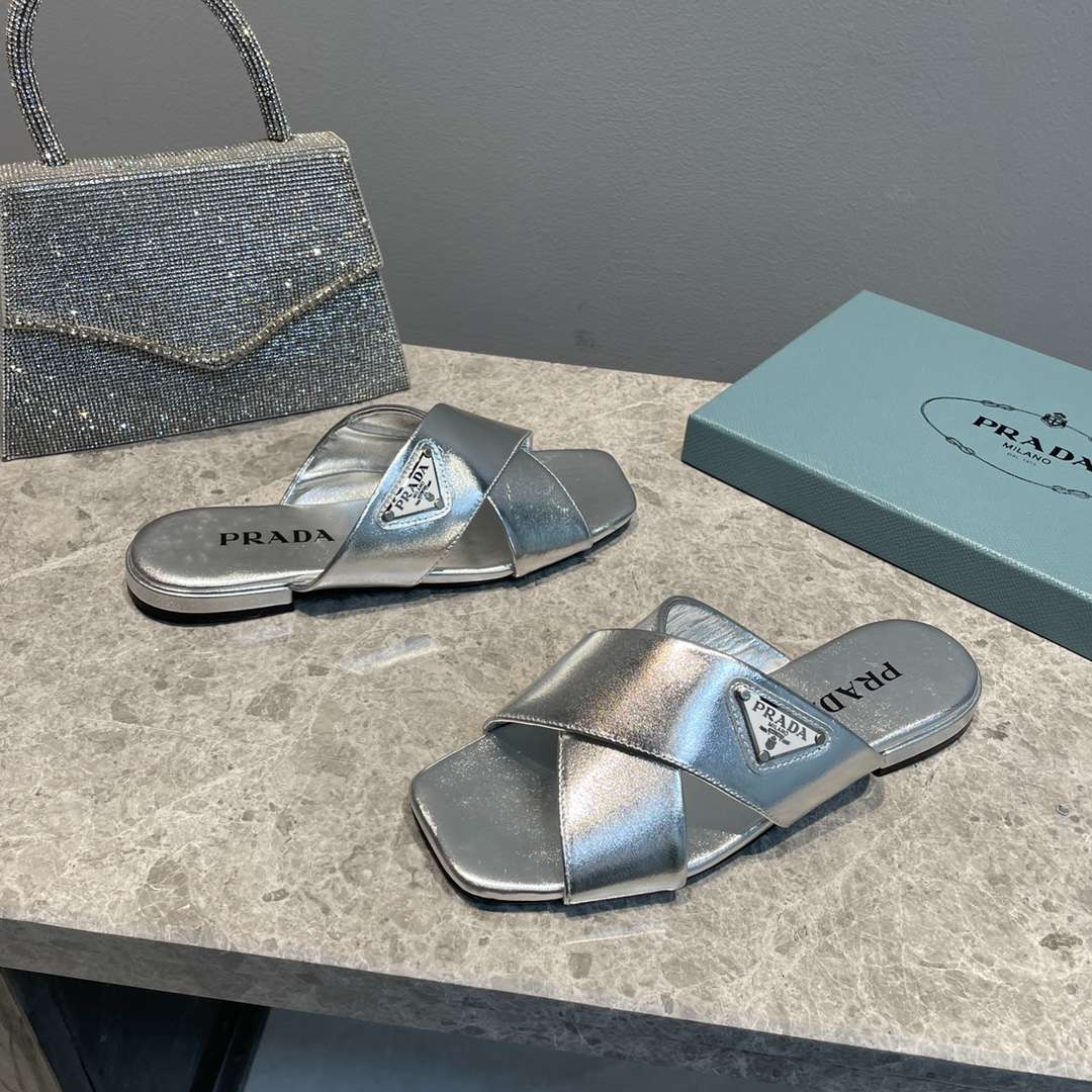 Pra*a Cross Straps Slides Silver For Women