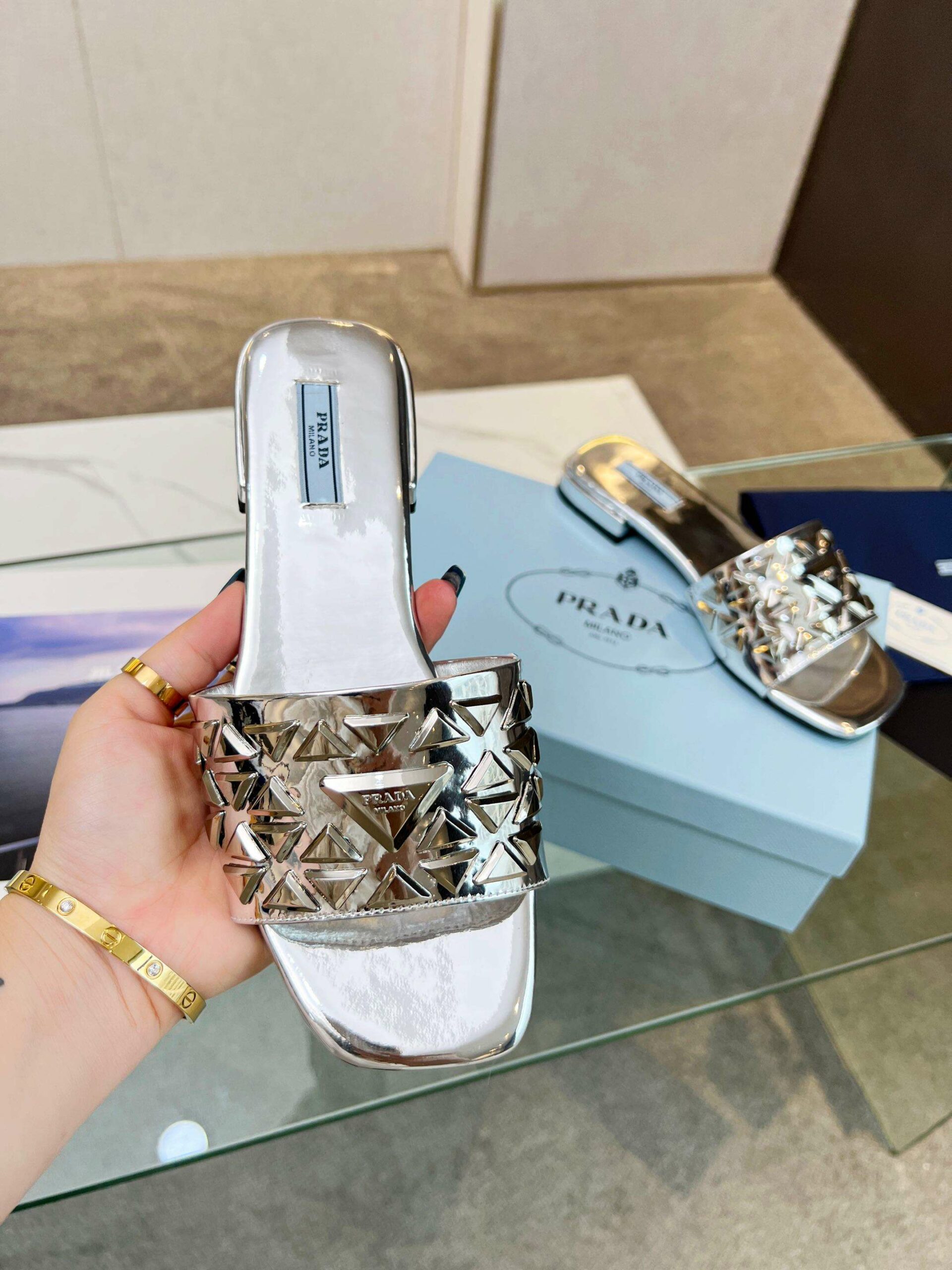 Pra*a Nappa Slides Silver For Women